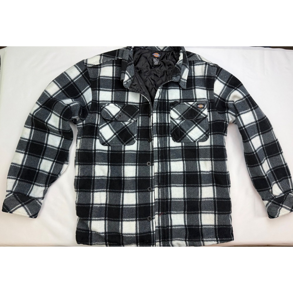Dickies Mens Quilted Lined Flannel Shirt Jacket Black White Plaid Fleece M